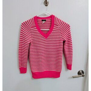 Neon Pink V-Neck Striped Sweater 3/4 Sleeve J. Crew XXS